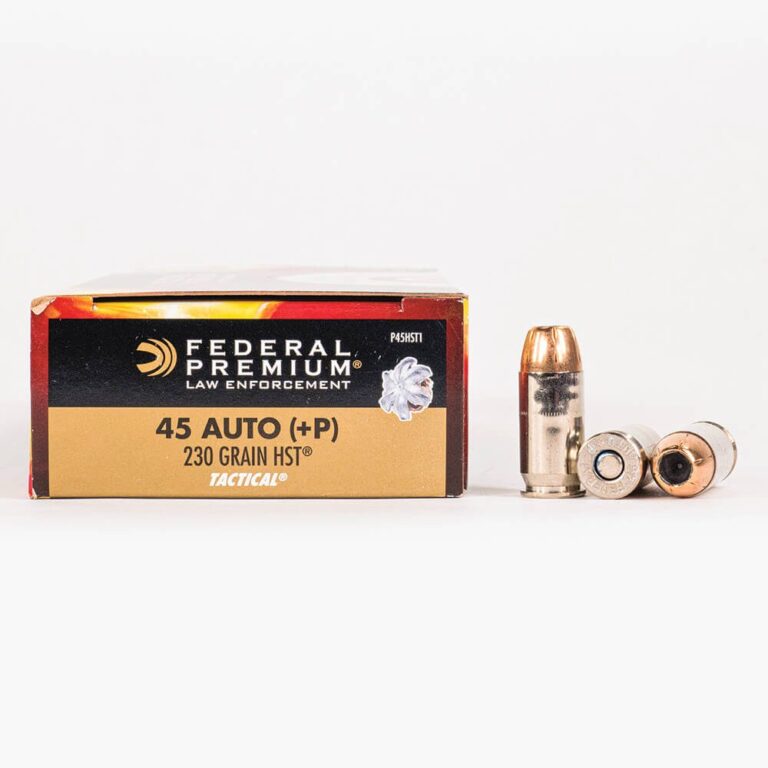 45-ACP-P-230gr-HST-JHP-Federal-LE-P45HST1-Ammo-Box-Side-with-Rounds-1