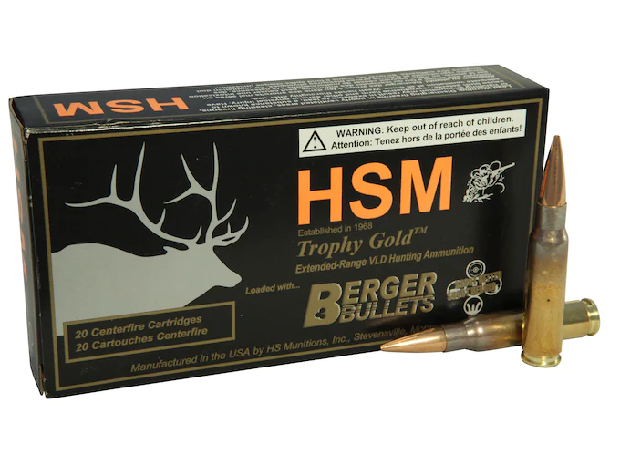 HSM-Trophy-Gold-Ammunition-308-Winchester-168-Grain-Berger-Hunting-VLD-Hollow-Point-Boat-Tail-Box-of-20-